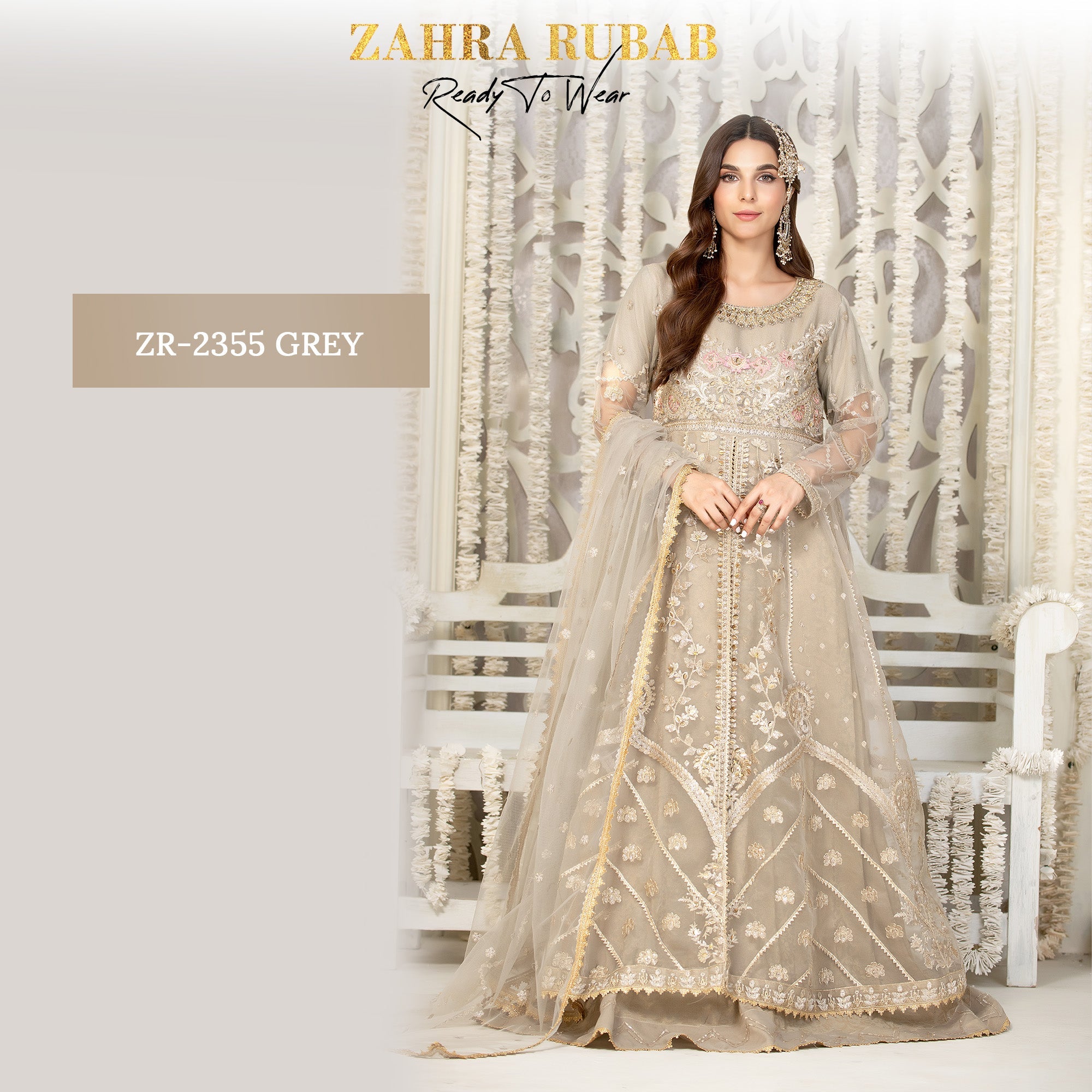 ZR-2355 Grey & Peach Maxi Dress Zahra Rubab fresh