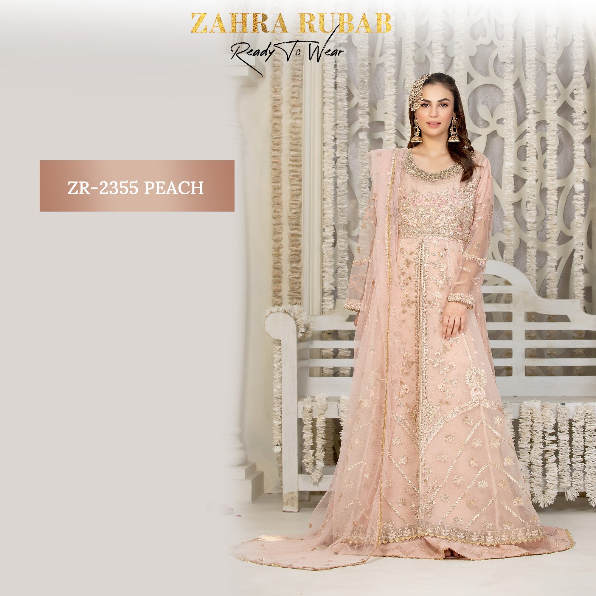 ZR-2355 Grey & Peach Maxi Dress Zahra Rubab fresh