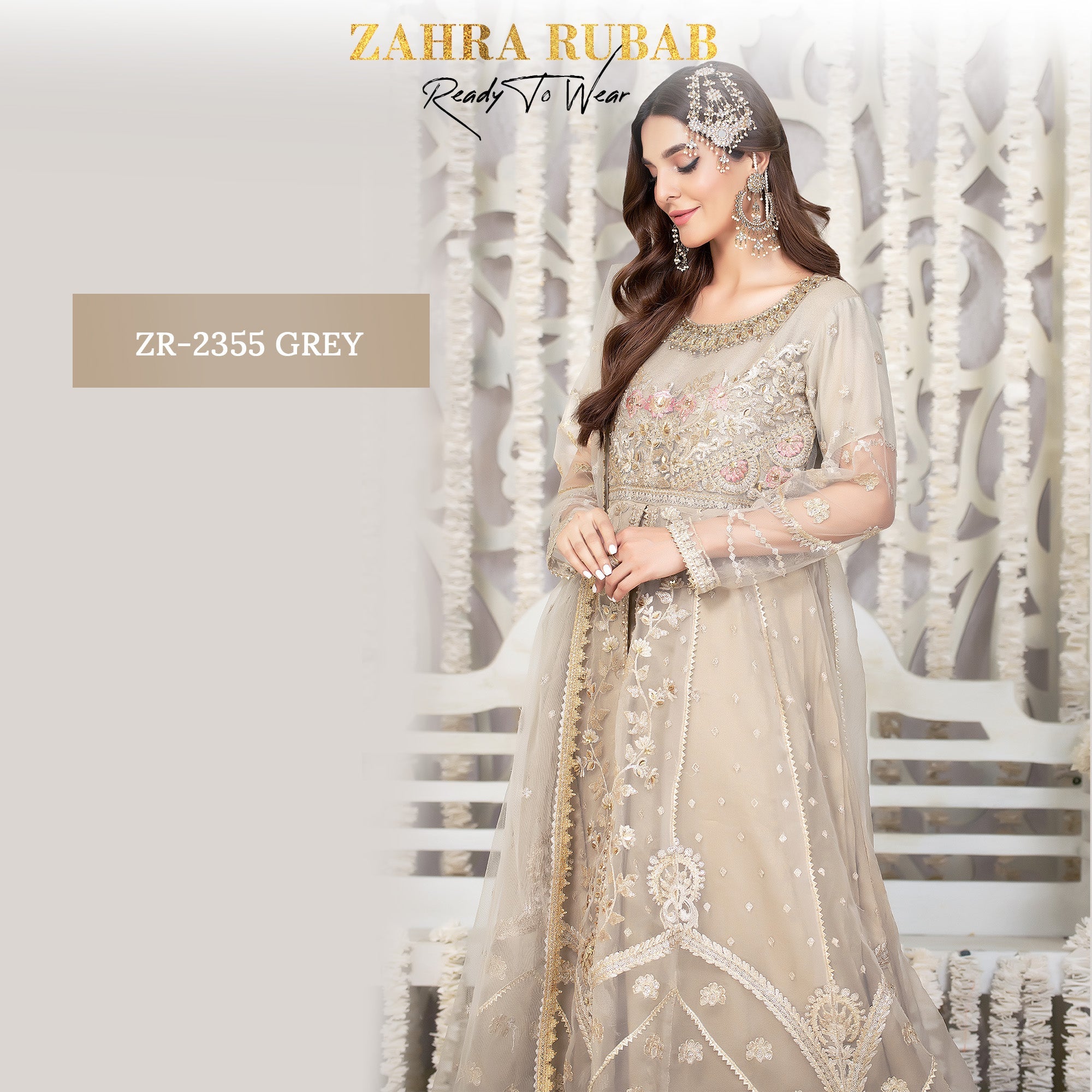 ZR-2355 Grey & Peach Maxi Dress Zahra Rubab fresh