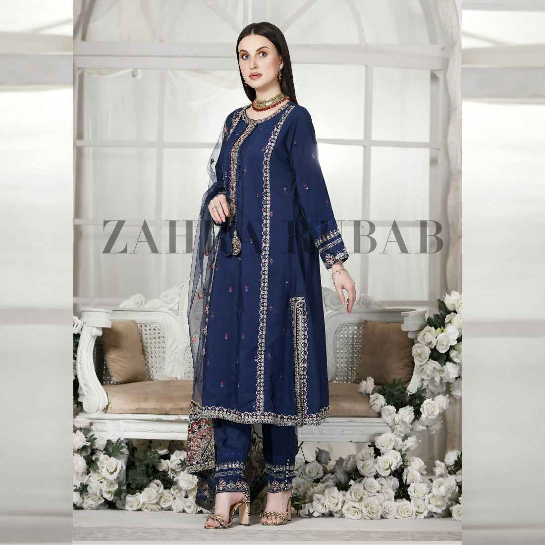 3 Piece Blue Cotton Jacquard Dress