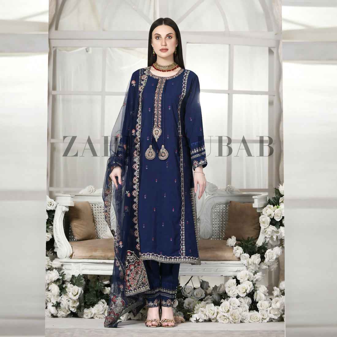 3 Piece Blue Cotton Jacquard Dress