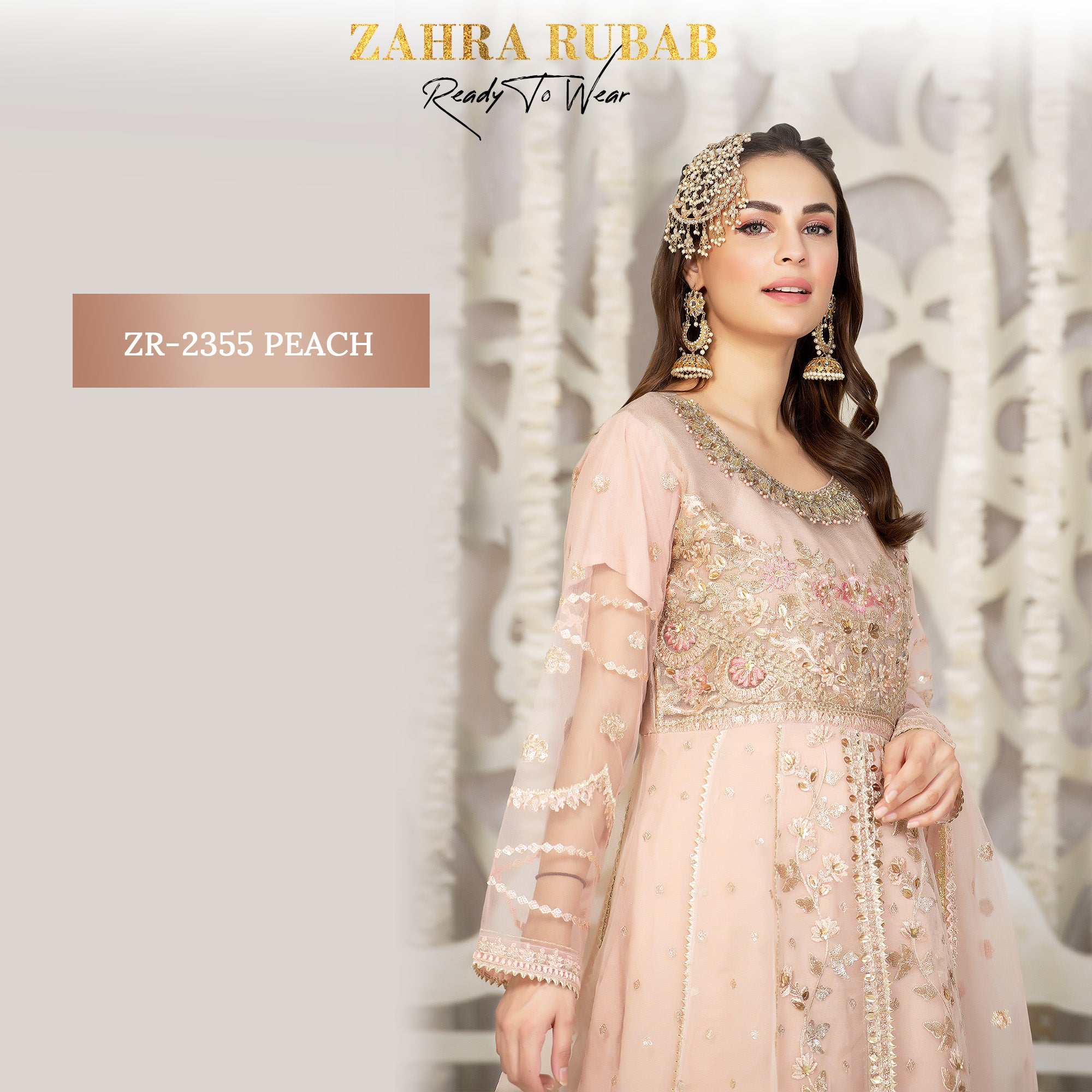 ZR-2355 Grey & Peach Maxi Dress Zahra Rubab fresh