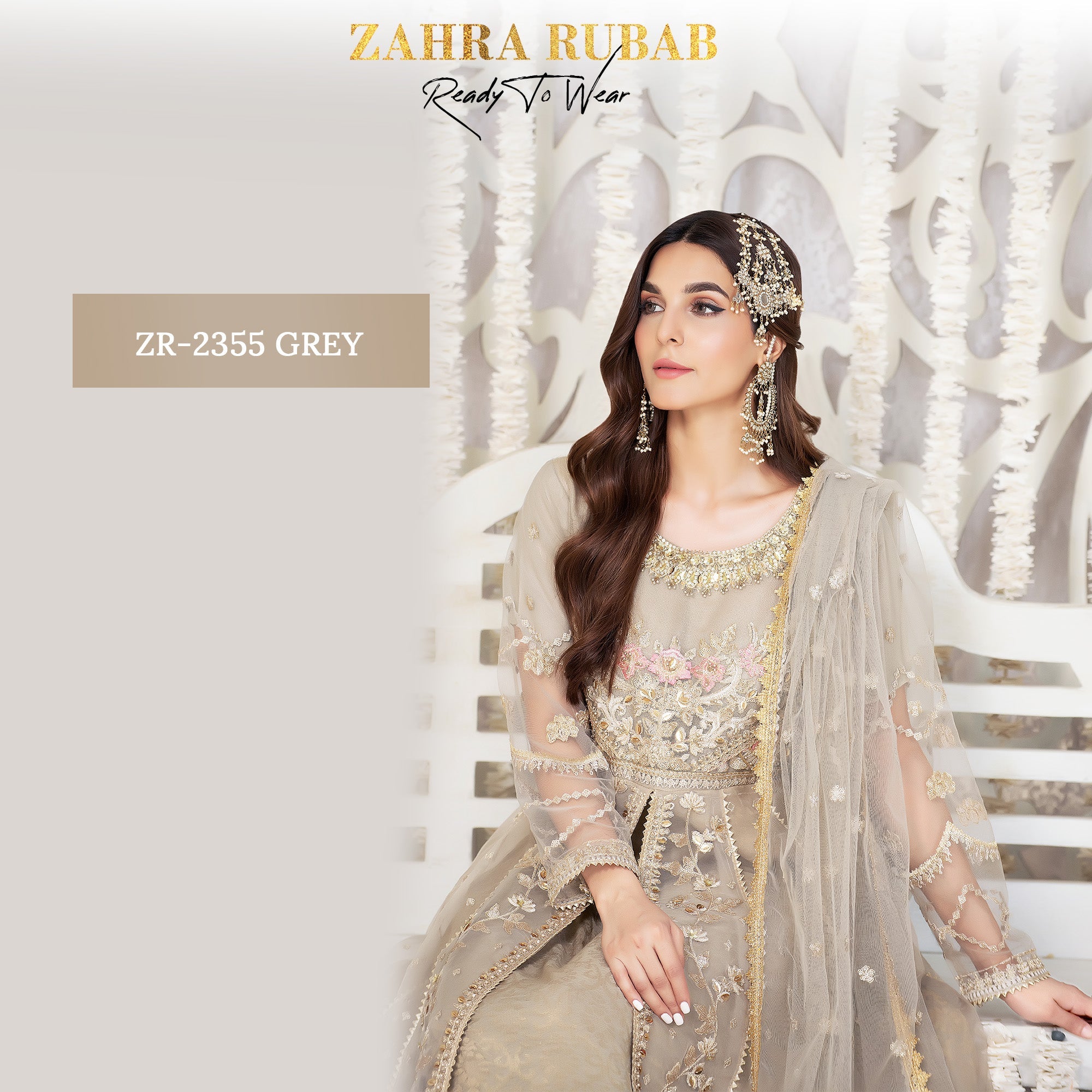 ZR-2355 Grey & Peach Maxi Dress Zahra Rubab fresh