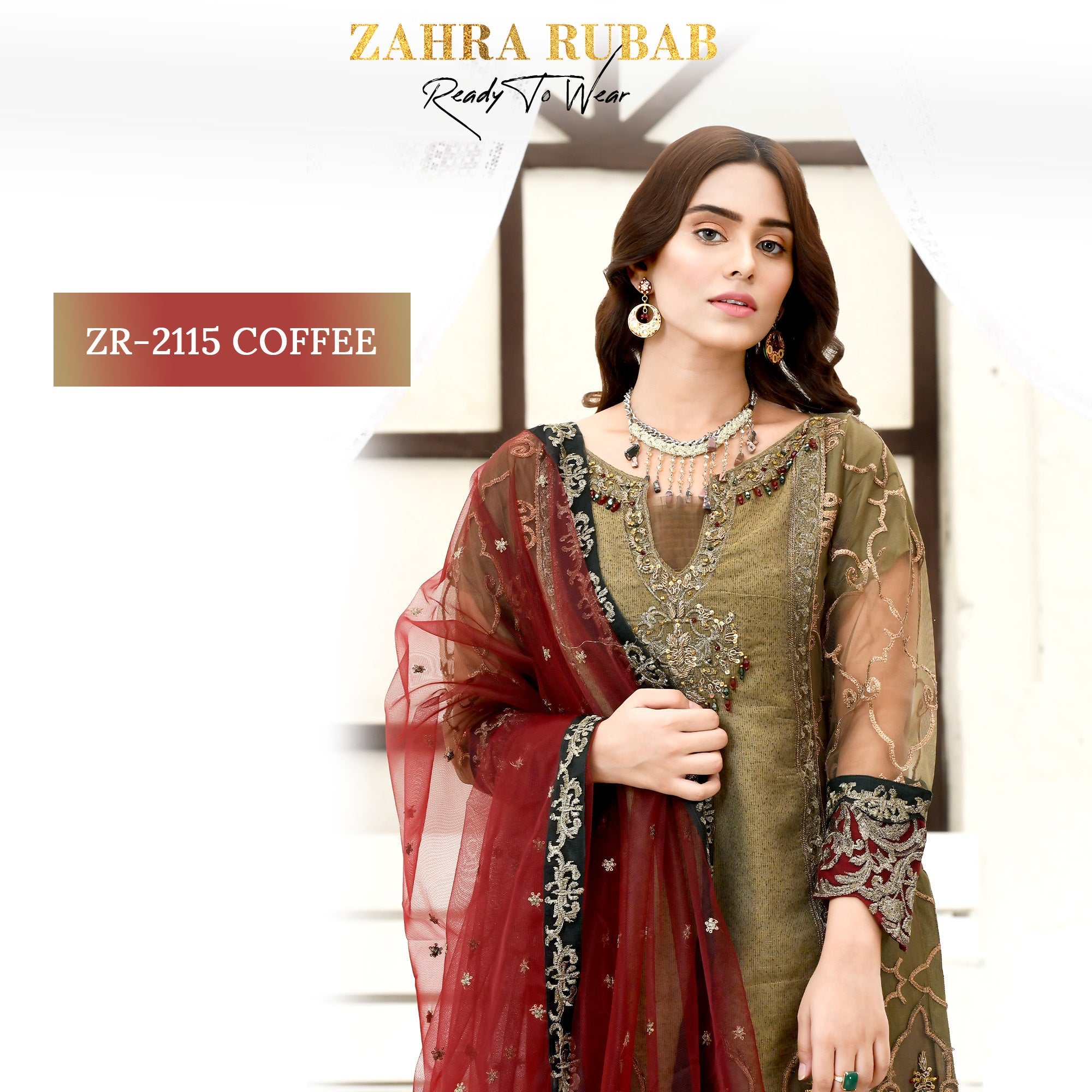 ZR-2115 Coffee, Pink, Pista Zahra Rubab Sale