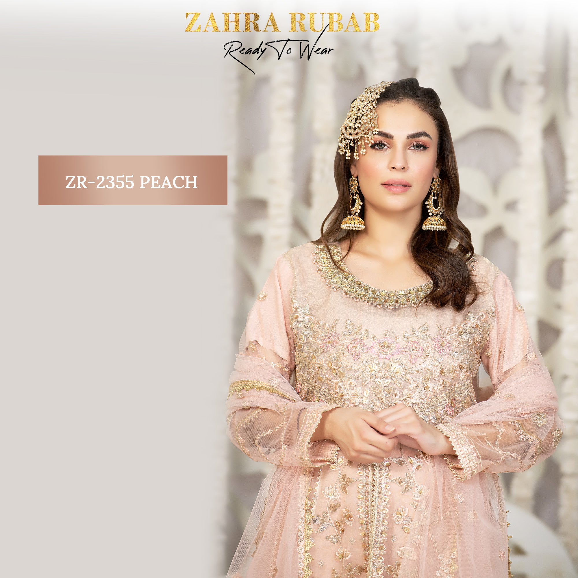 ZR-2355 Grey & Peach Maxi Dress Zahra Rubab fresh