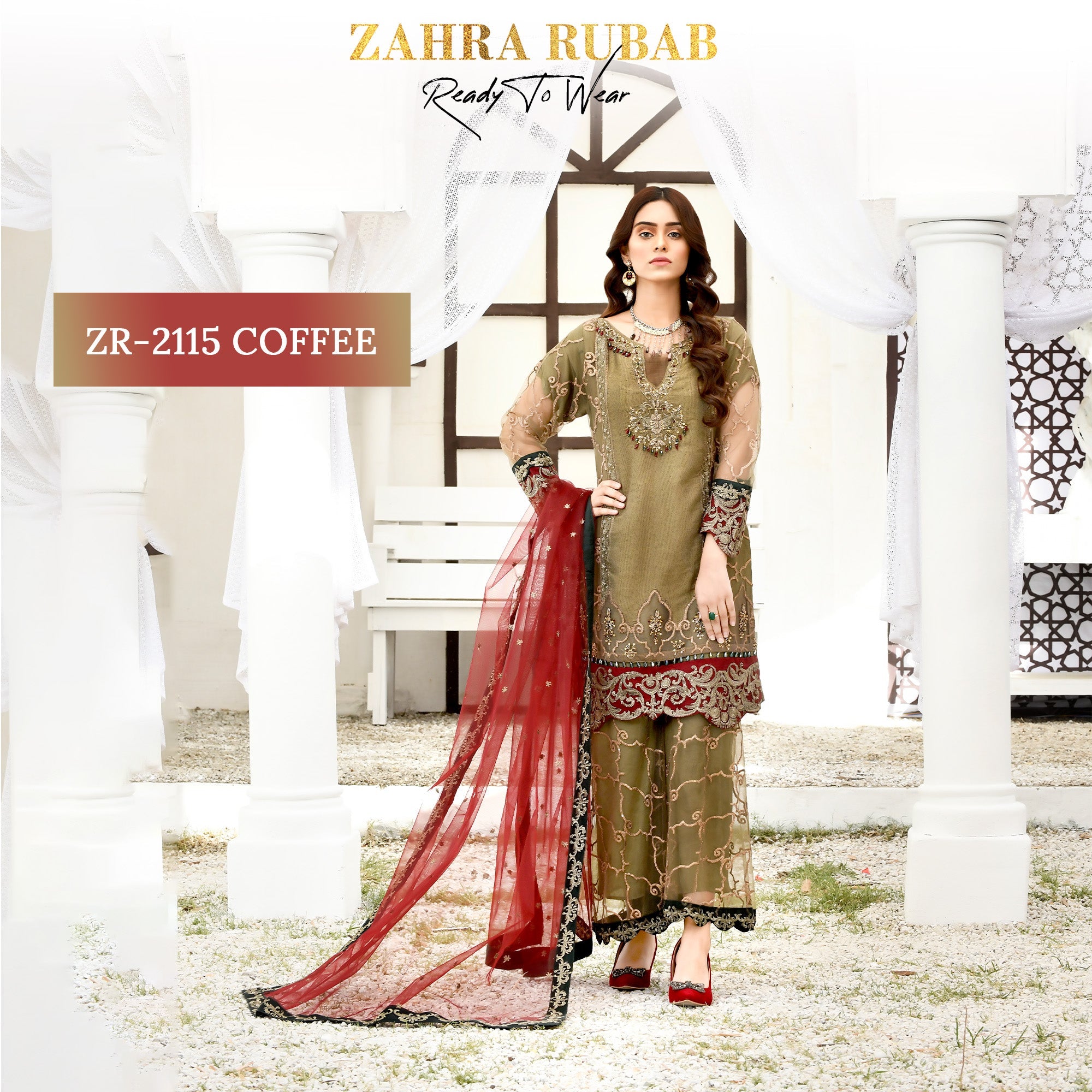 ZR-2115 Coffee, Pink, Pista Zahra Rubab Sale