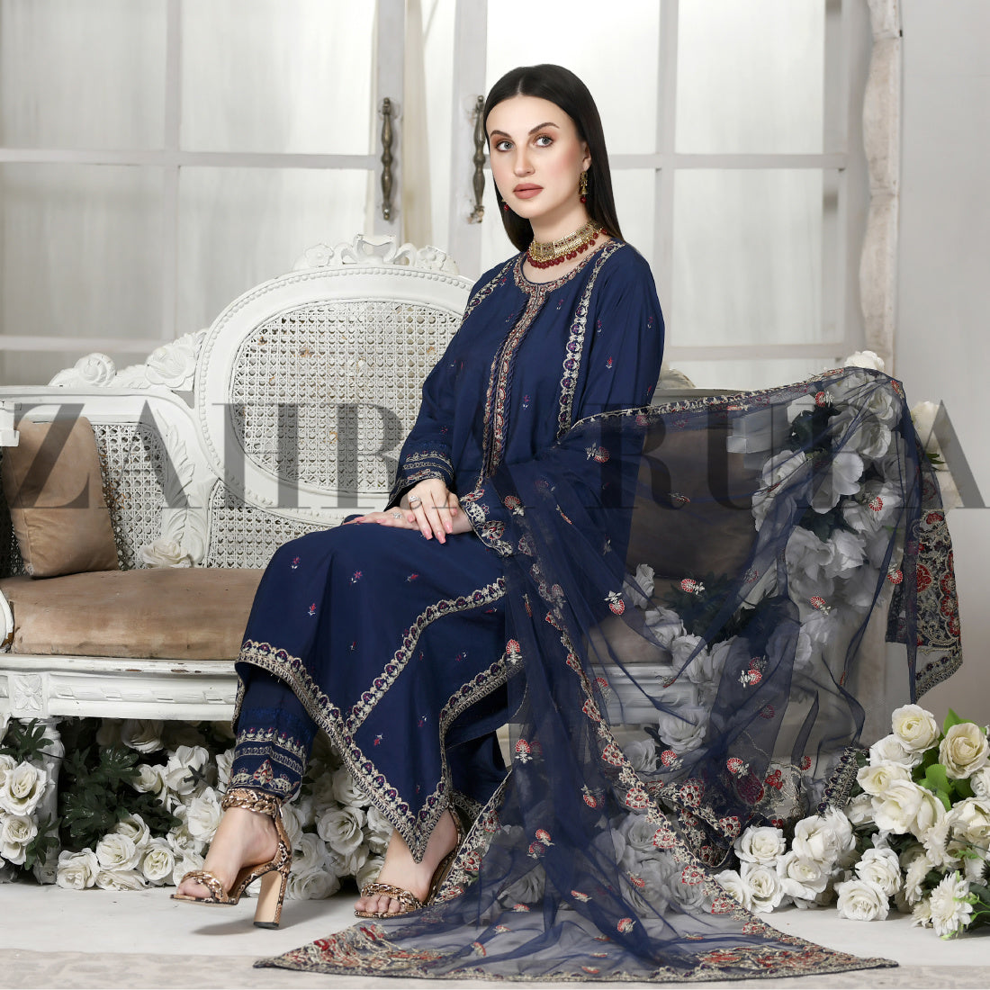 3 Piece Blue Cotton Jacquard Dress Zahra Rubab