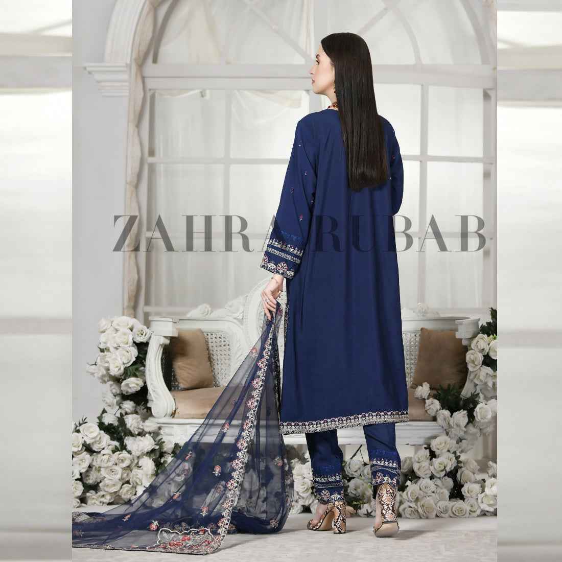 3 Piece Blue Cotton Jacquard Dress – Zahra Rubab